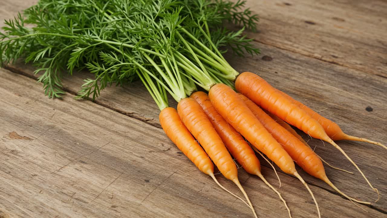 Carote appena raccolte con vivaci ciuffi verdi disposte su una superficie di legno rustico, che mostrano la loro bellezza naturale e il loro valore nutrizionale