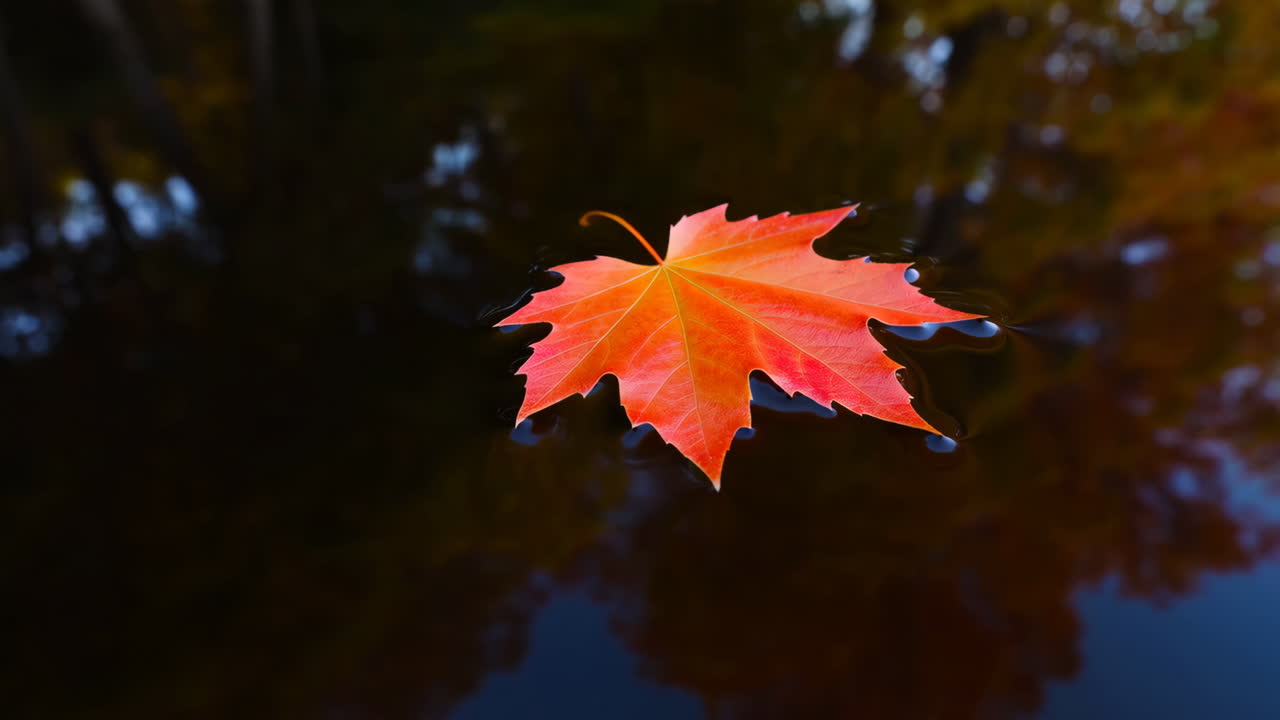Vibrant Maple Leaf Floating on Dark Water