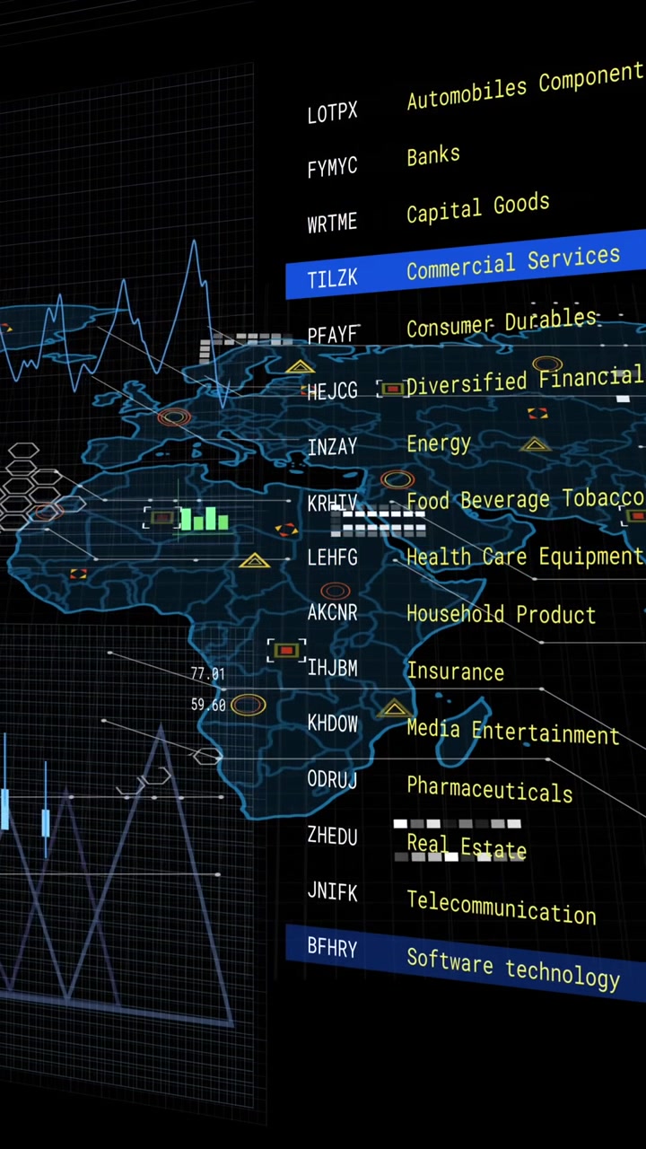 Animation of financial data processing over screen and world map