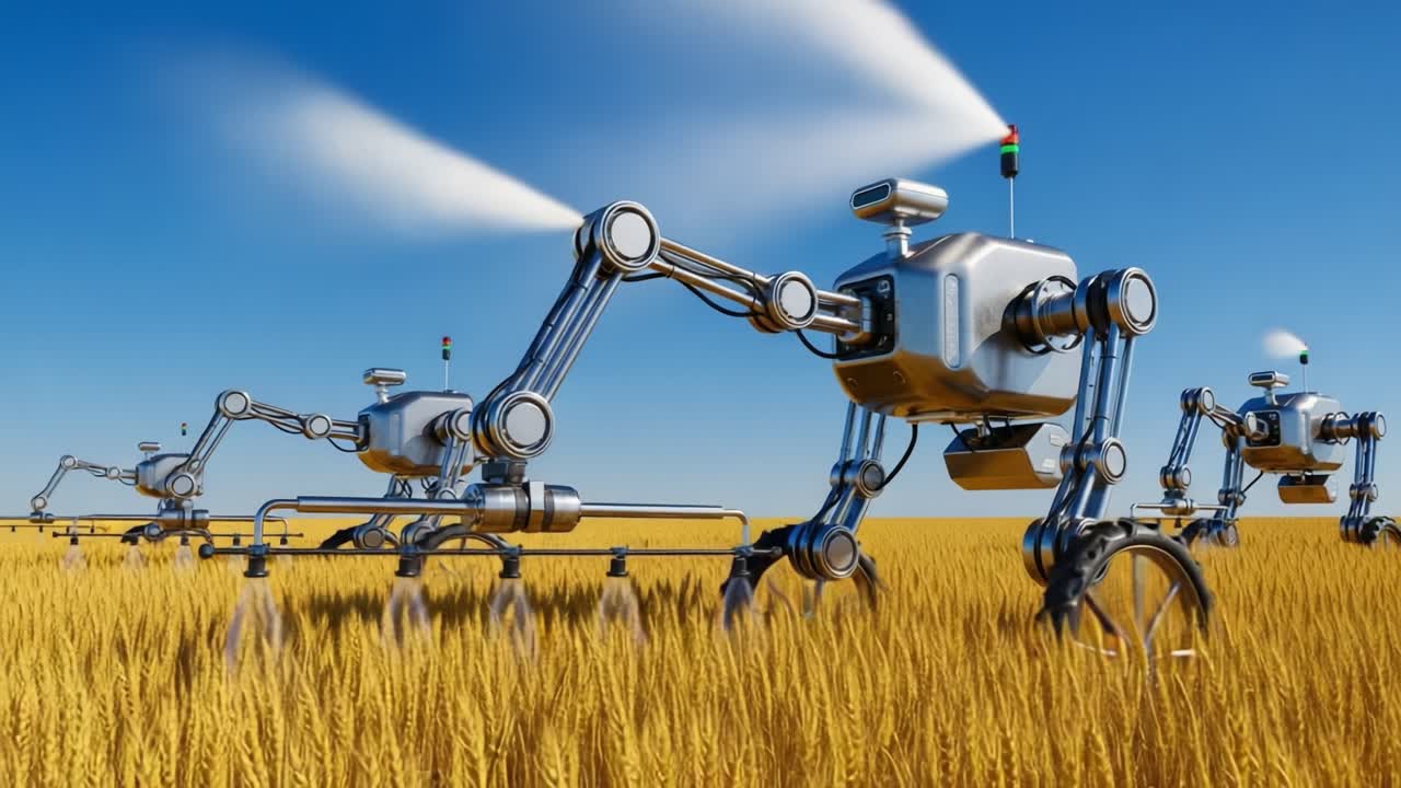 Innovative Agricultural Robots Automating Farming Through Precision Spraying in Lush Golden Fields: The Future of Sustainable Agriculture Technology Unveiled