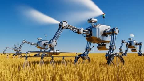 innovative agricultural robots automating farming through precision spraying in lush golden fields: the future of sustainable agriculture technology unveiled