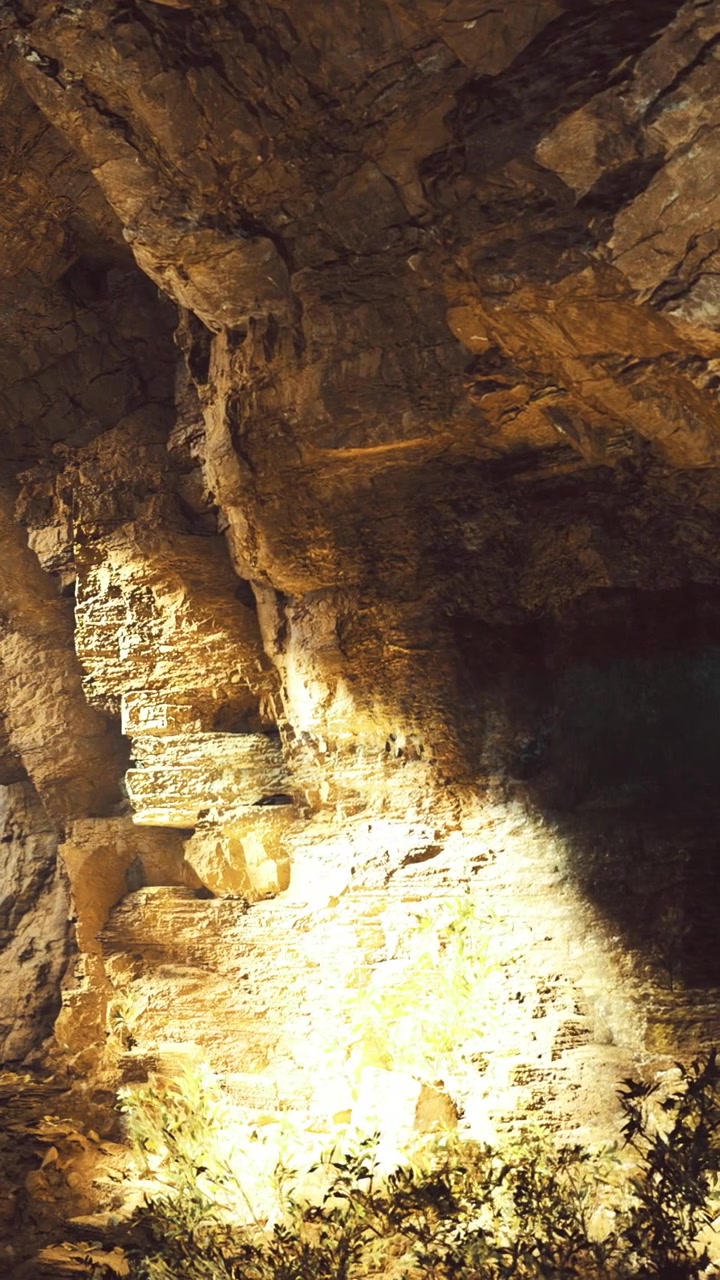 Esplorando una grotta con luce naturale proveniente da un'apertura nella roccia di notte.