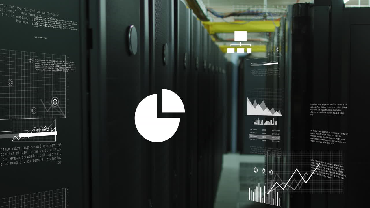 iconas de nube y red con procesamiento de datos a través de la sala de servidores de computadoras.