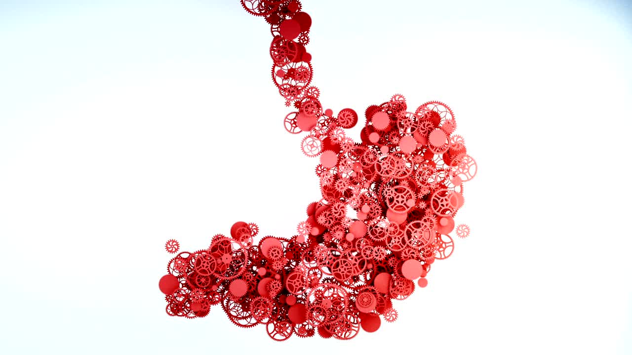 el mal estómago de engranajes. concepto de enfermedad y dolor. animación plana realista de 4k.