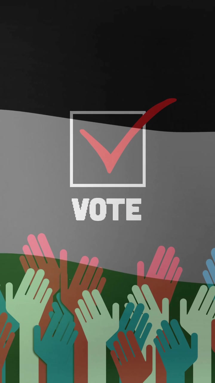 Raising colorful hands with Palestinian flag and Vote animation with checkmark