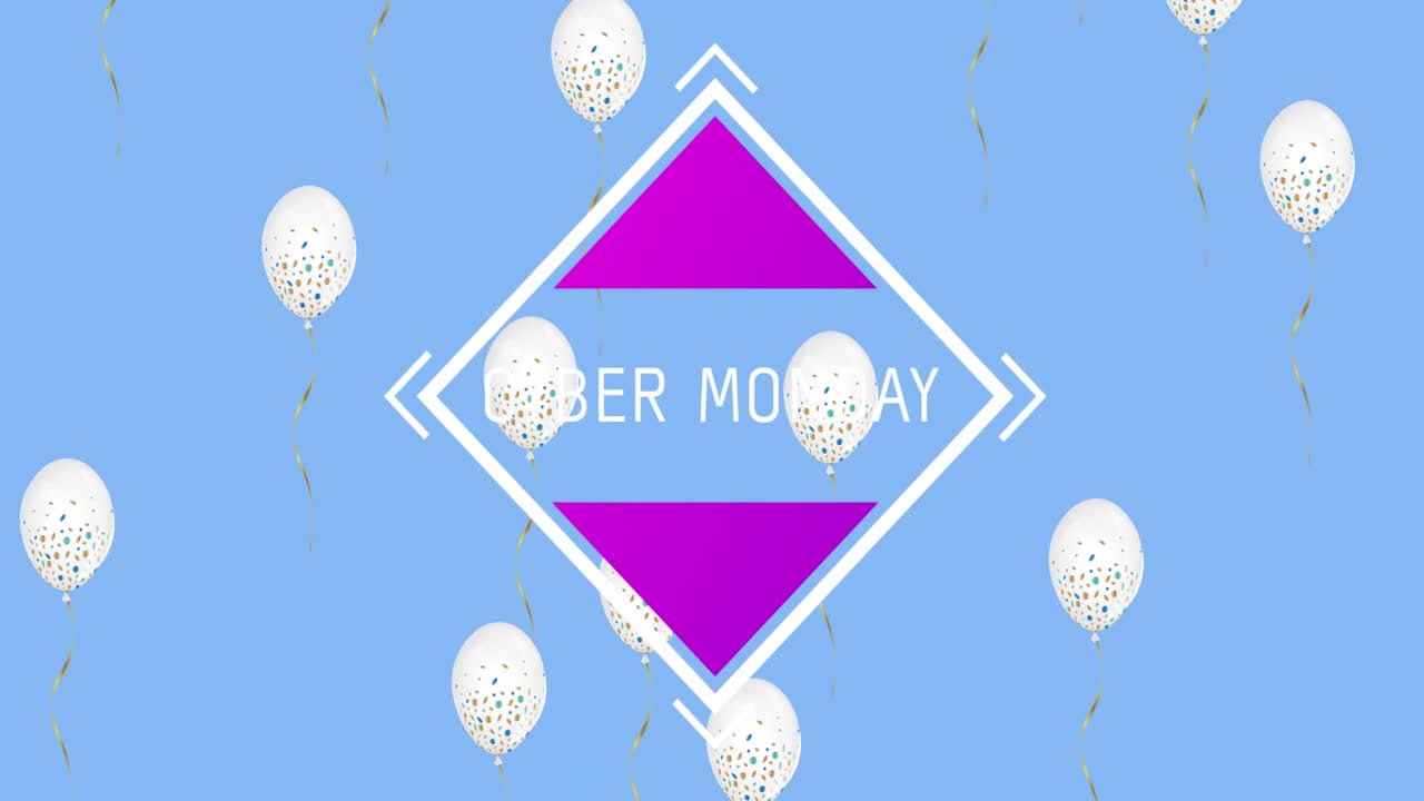 lunes cibernético texto en forma cuadrada contra globos blancos flotando en fondo azul