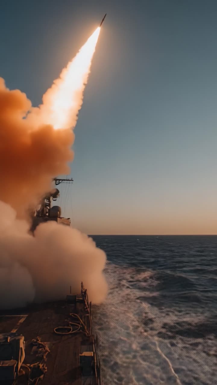 Una impresionante muestra de precisión militar: un buque de guerra lanzando un misil hacia el cielo azul claro sobre el océano, capturado en dos poderosos fotogramas.