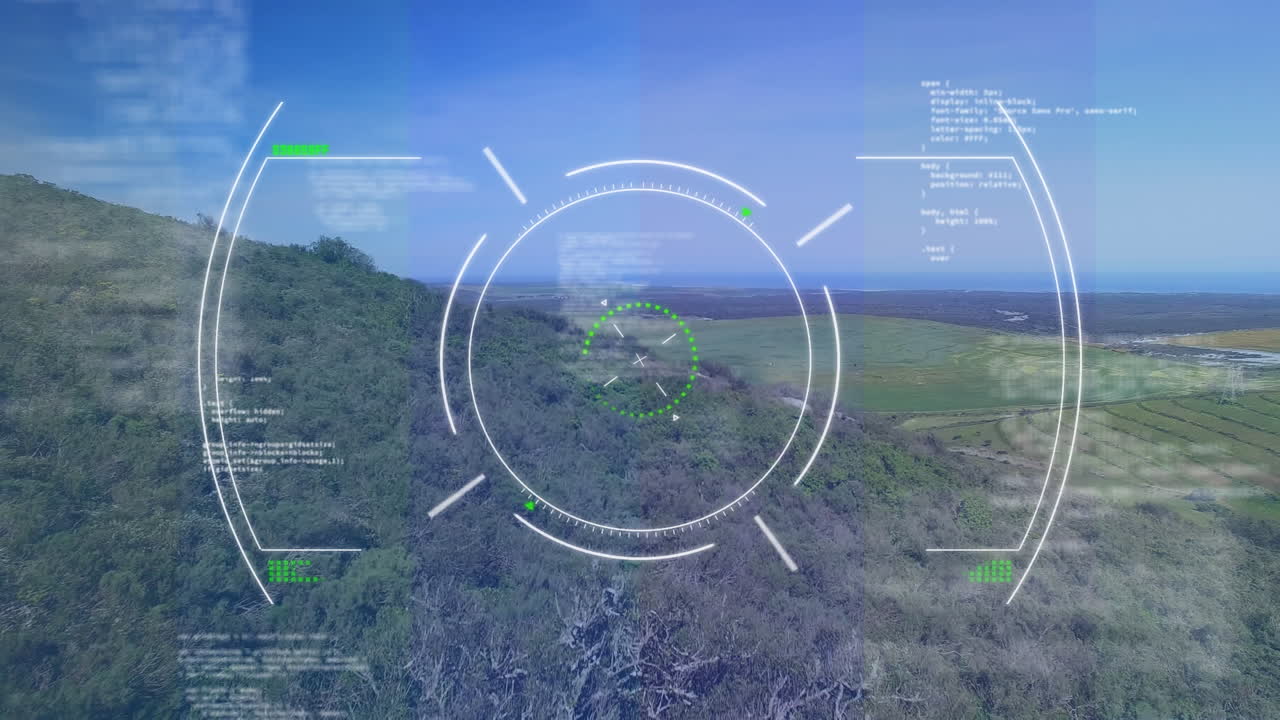 Animation of viewfinder and diverse data over landscape