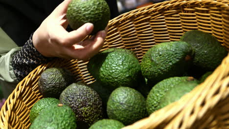 woman selecting avocados from a basket