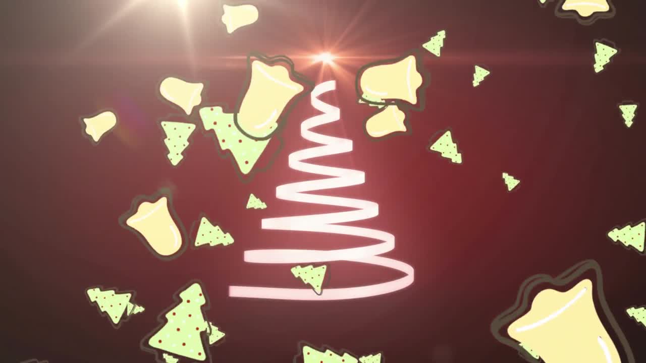 animación del árbol de navidad formado con cinta blanca y campanas cayendo