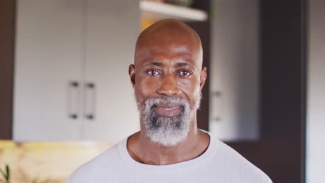 Portrait-of-happy-senior-african-american-man-spending-time-in-log-cabin,-slow-motion