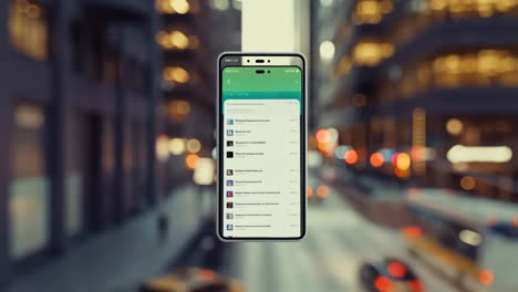 smartphone in a city setting displaying digital content