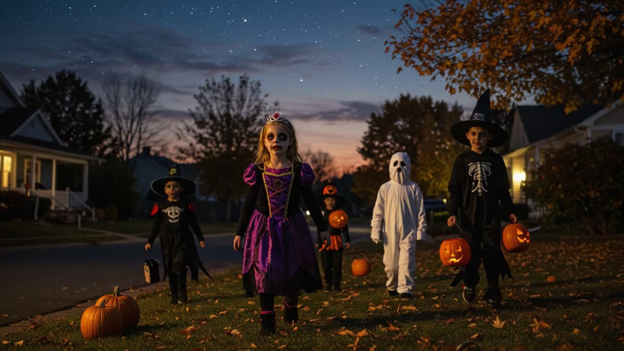 A Spooky Halloween Night: Young Trick-or-Treaters Dressed in Creative Costumes Walking Through a Festively Decorated Neighborhood Under Twinkling Stars
