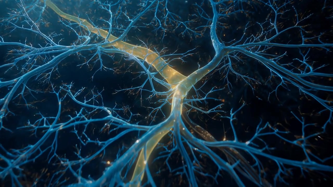 Camera zooming to highlight blue filaments network in lab animation, golden conduit sending pulses