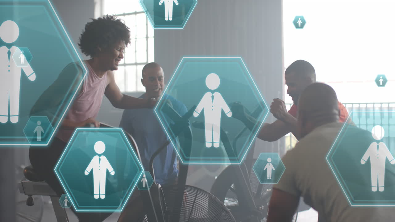 다양한 아이콘을 가진 사람들의 애니메이션. 체육관에서 타원형으로 훈련하는 남성과 여성.