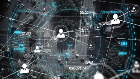 animation of scope scanning over network of profile icons against aerial view of city traffic