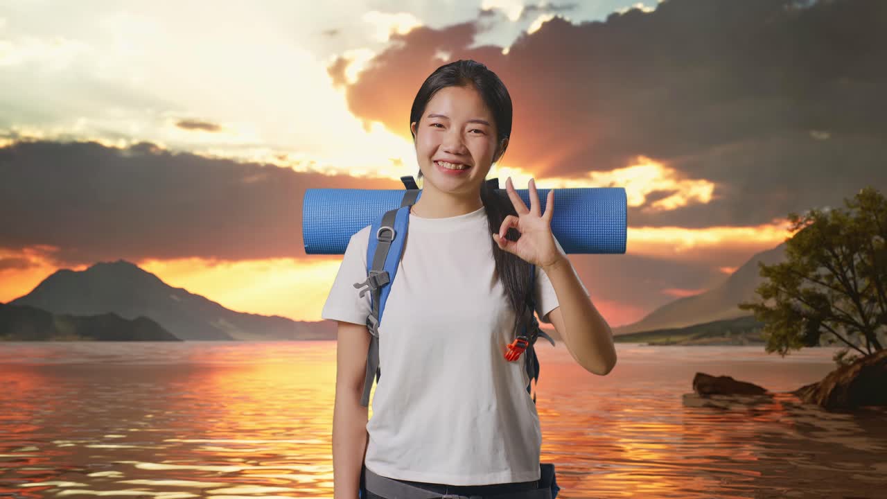 해가 지는 동안 행복한 여인 여행자