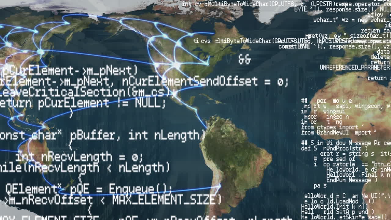 анимация обработки данных и соединений по карте мира