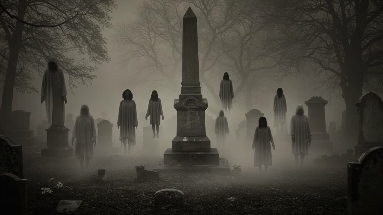 A Haunting Encounter in a Foggy Graveyard: Shadows of Mysterious Figures Emerge Among Tombstones in a Spooky Night Scene