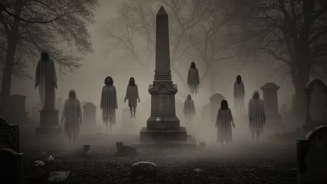 a haunting encounter in a foggy graveyard: shadows of mysterious figures emerge among tombstones in a spooky night scene