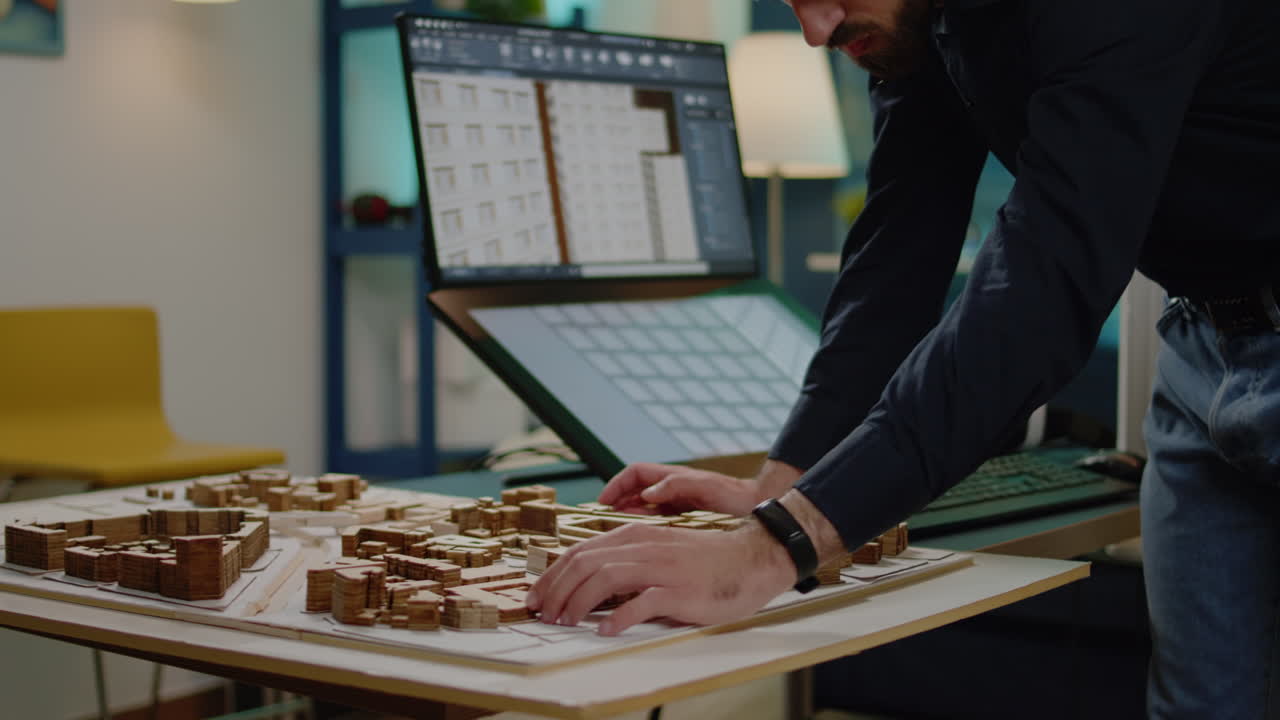 Man with architect job working on building model