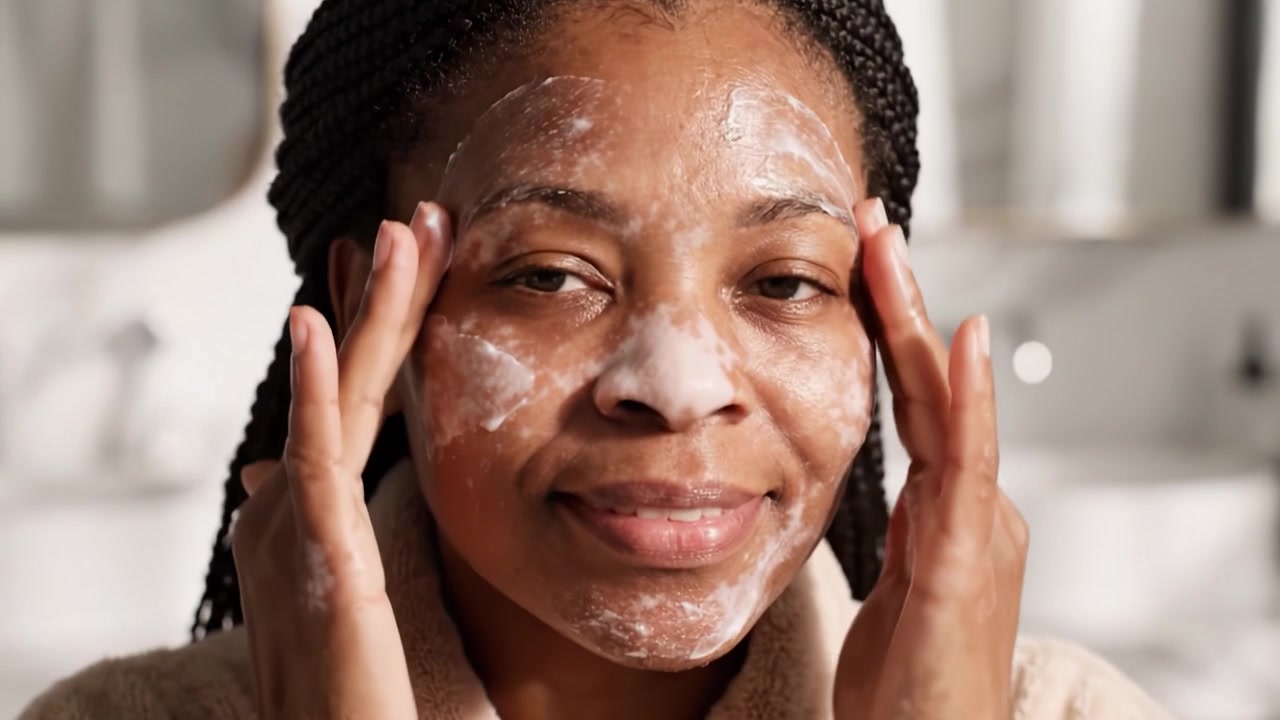 Uma Mulher Desfrutando de uma Rotina Refrescante de Cuidados com a Pele com Espuma de Limpeza, Irradiando Alegria e Relaxamento em um Ambiente de Banheiro Iluminado.