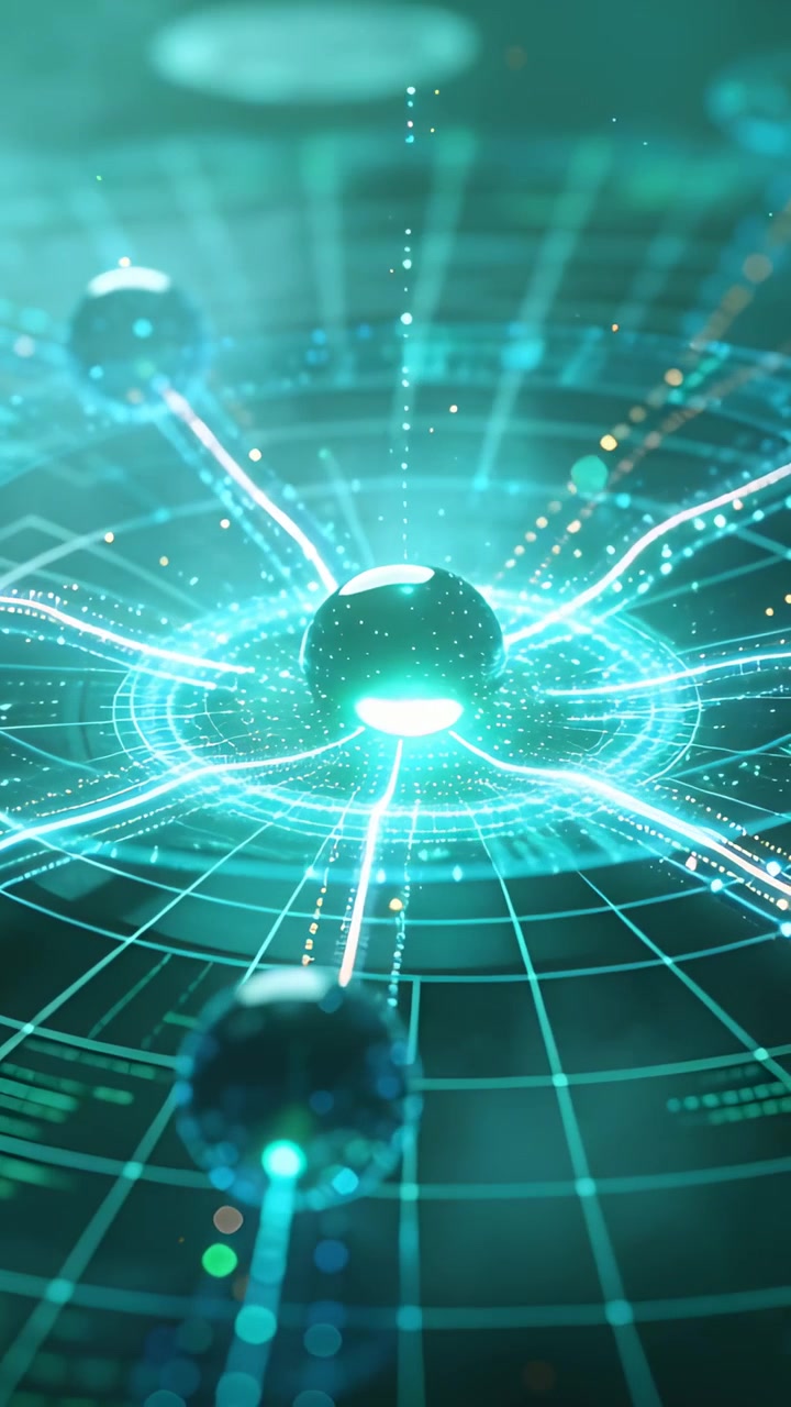 Video verticale: Sfera centrale pulsante iniziale che invia increspature su una griglia color verde acqua, mostrando il flusso di dati