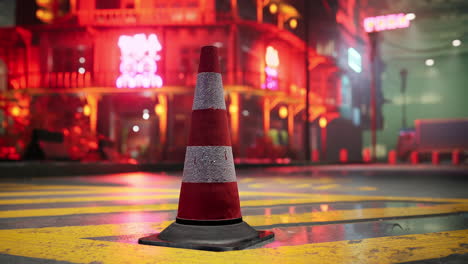 cono de tráfico rojo y blanco en la calle de la ciudad por la noche