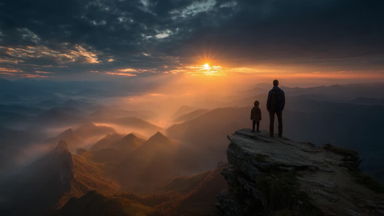 Tramonto mozzafiato su montagne maestose: un genitore e un bambino vivono insieme lo splendore della natura su un bordo di scogliera, in serena armonia e connessione.