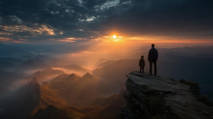 Tramonto mozzafiato su montagne maestose: un genitore e un bambino vivono insieme lo splendore della natura su un bordo di scogliera, in serena armonia e connessione.