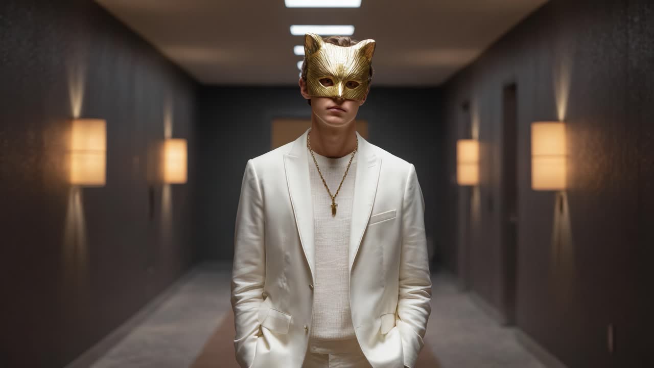 A Mysterious Figure in a White Suit and Golden Cat Mask Stands Alone in an Eerie, Dimly Lit Hallway, Creating a Sense of Intrigue and Suspense