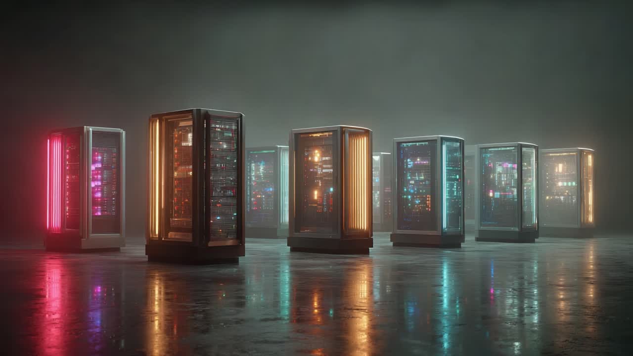 Dynamisk fremvisning af moderne server racks, der er belyst med levende lysmønstre i et elegant, futuristisk miljø