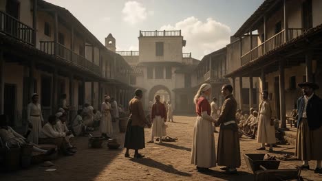 a historical scene depicting vibrant interactions and lifestyle in a colonial town, capturing heartfelt moments among residents amidst traditional architecture