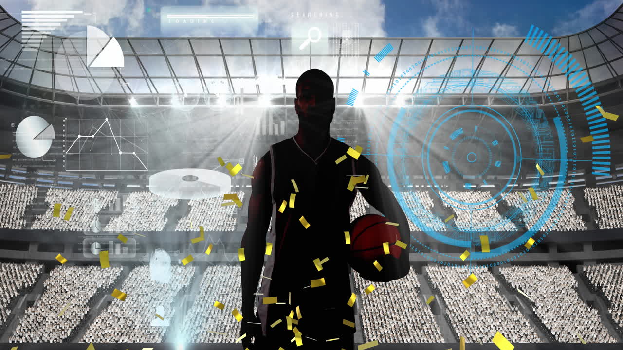 남자 농구 선수 의 실루 ⁇  에 떨어지는 콘페티 는 스포츠 경기장 을 상대로 농구 를 들고 있다