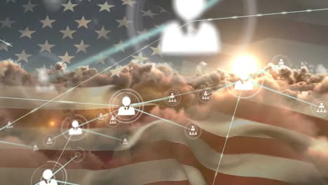 animation of profile icons connecting with lines over flag of america and clouds