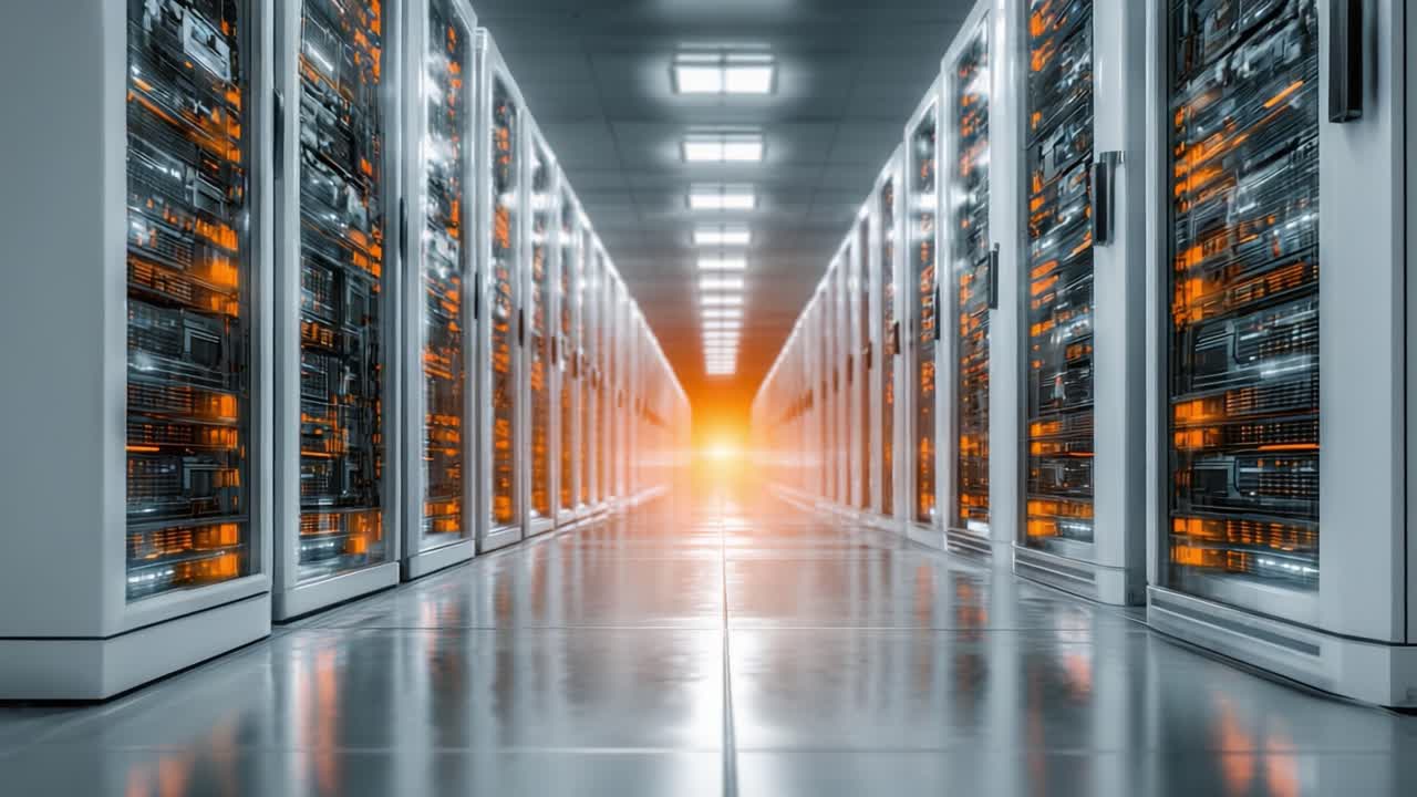 A Stunning View of a High-Tech Data Center with Rows of Servers Illuminated by an Orange Glow, Creating a Futuristic and Efficient Digital Environment