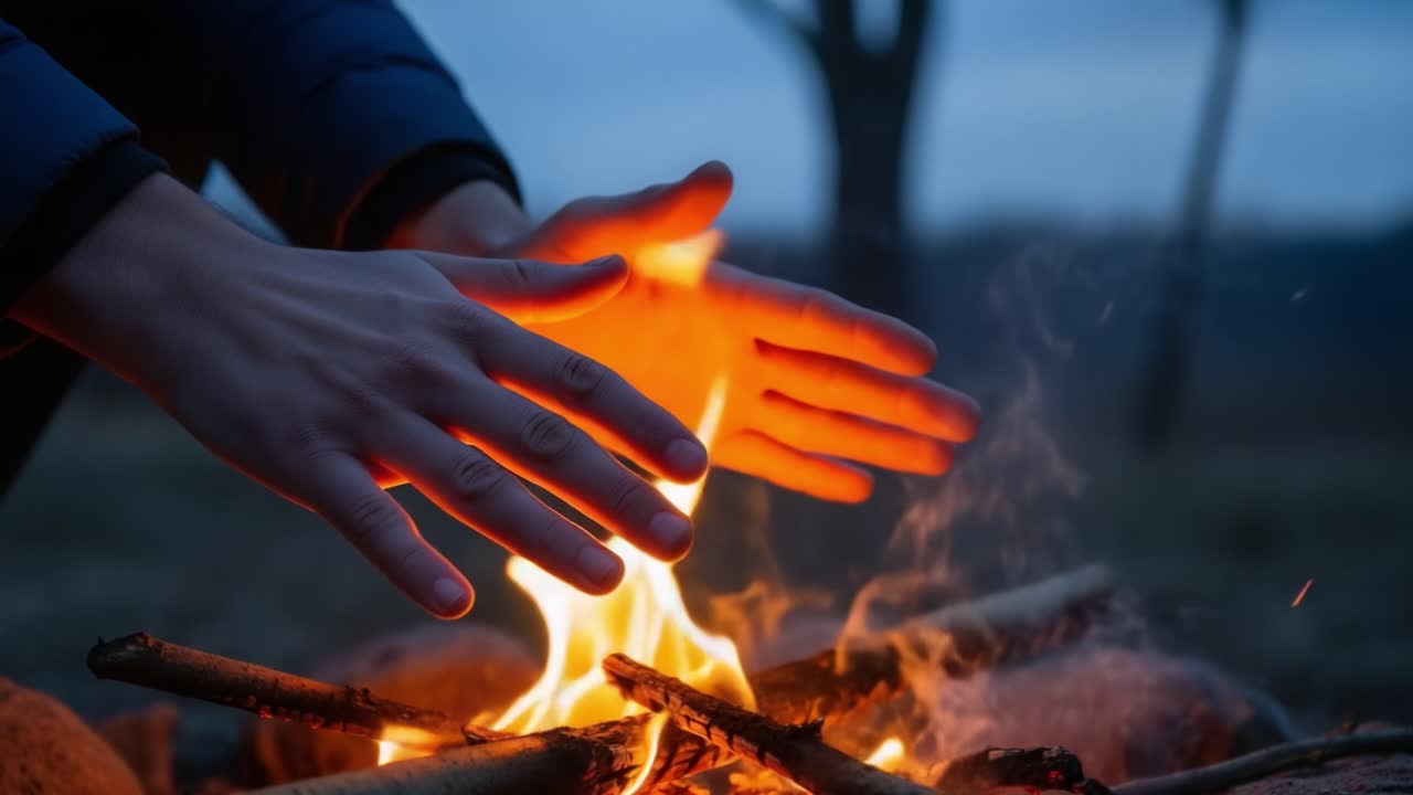 A Warm Embrace by the Fire: Hands Gather Around the Flickering Flames, Seeking Comfort and Heat in the Embracing Glow of a Campfire at Dusk