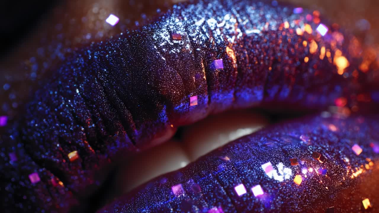 Close-Up of Luscious Lips Adorned with Vibrant Glitter, Showcasing a Dazzling Display of Multicolored Sparkles and Shimmering Textures, Perfect for an Eye-Catching Beauty or Makeup Theme