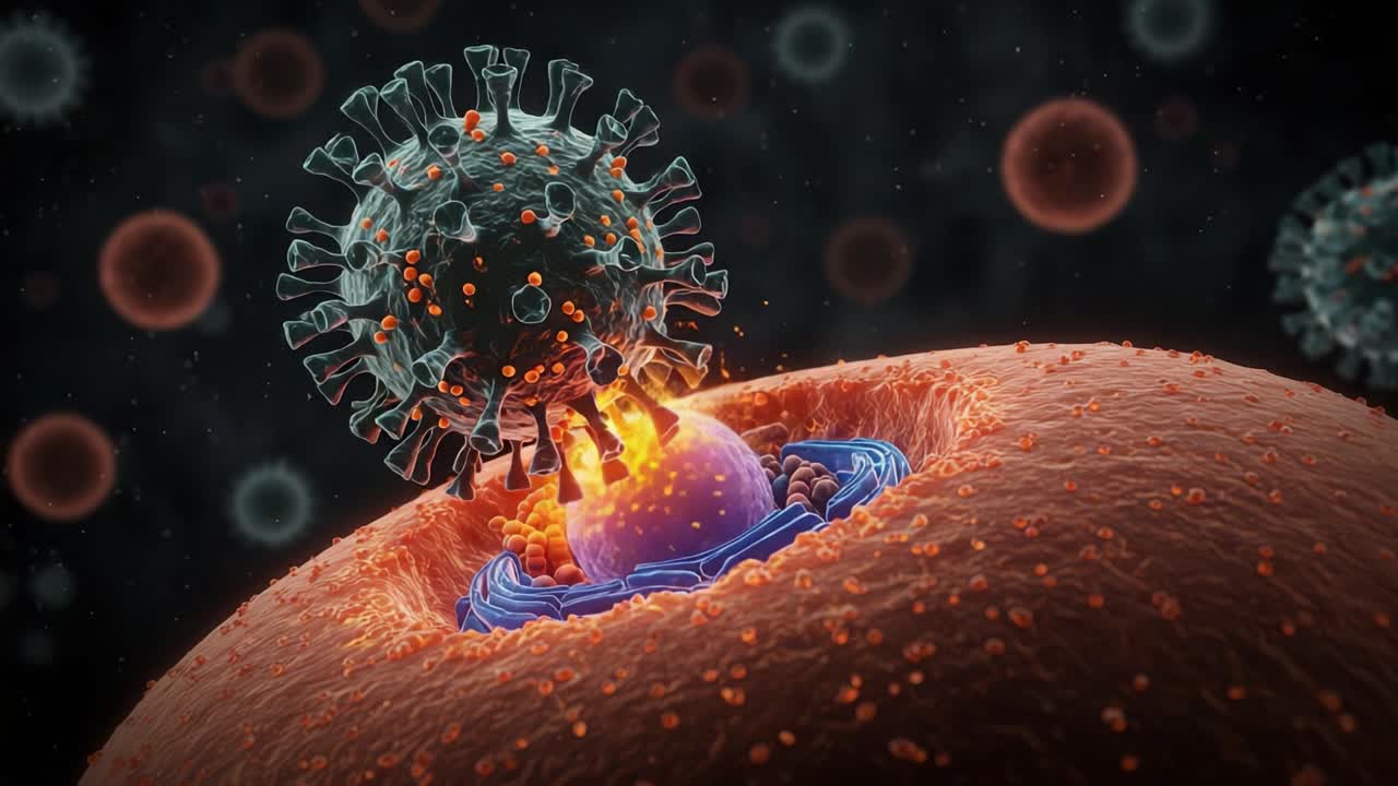 Intricate Interaction Between Virus and Host Cell: A Stunning Visual of Viral Entry and Cellular Response in Microbiology