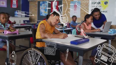 animation of school icons over caucasian disabled schoolboy with teacher in classroom