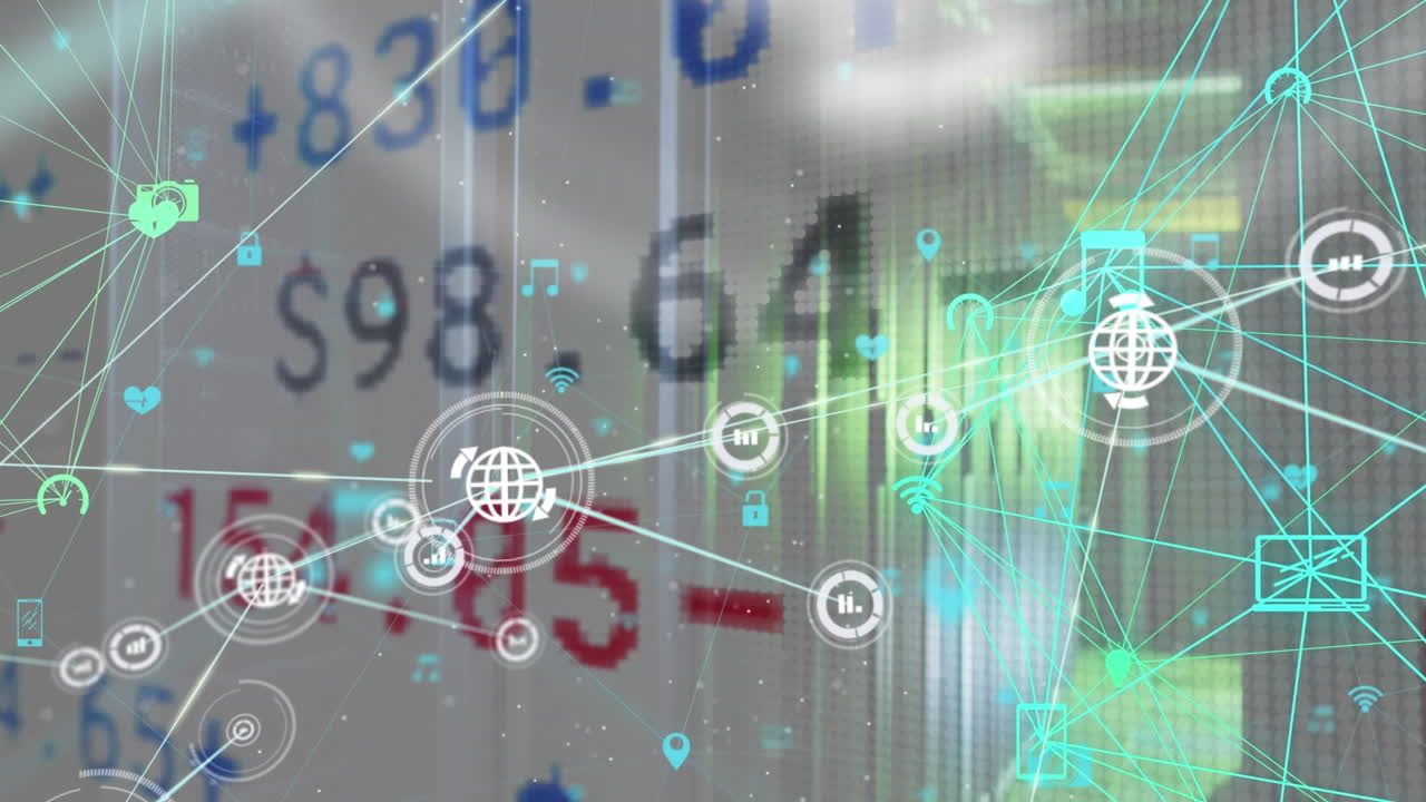 Animation of connected icons forming globes and trading board over multiple moving icons