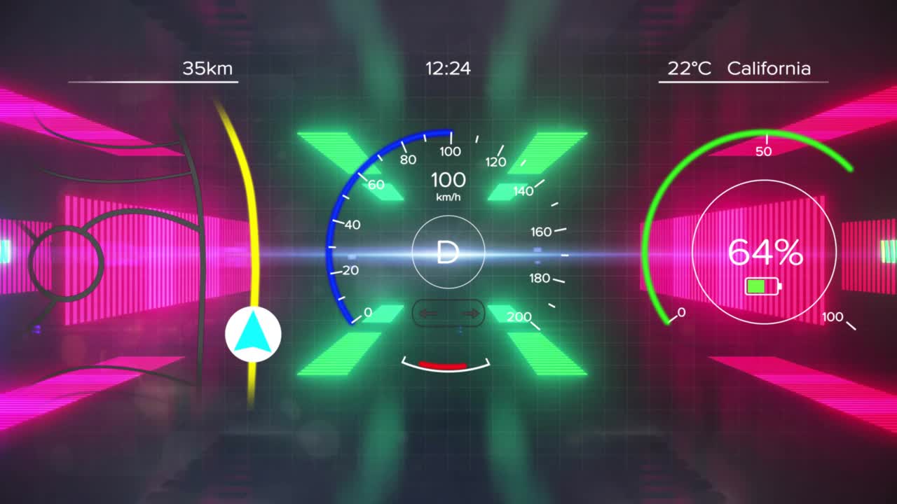 Vehicle entering neon tunnel, HUD animating speed peaking 100 km or h then falling, showing navigati