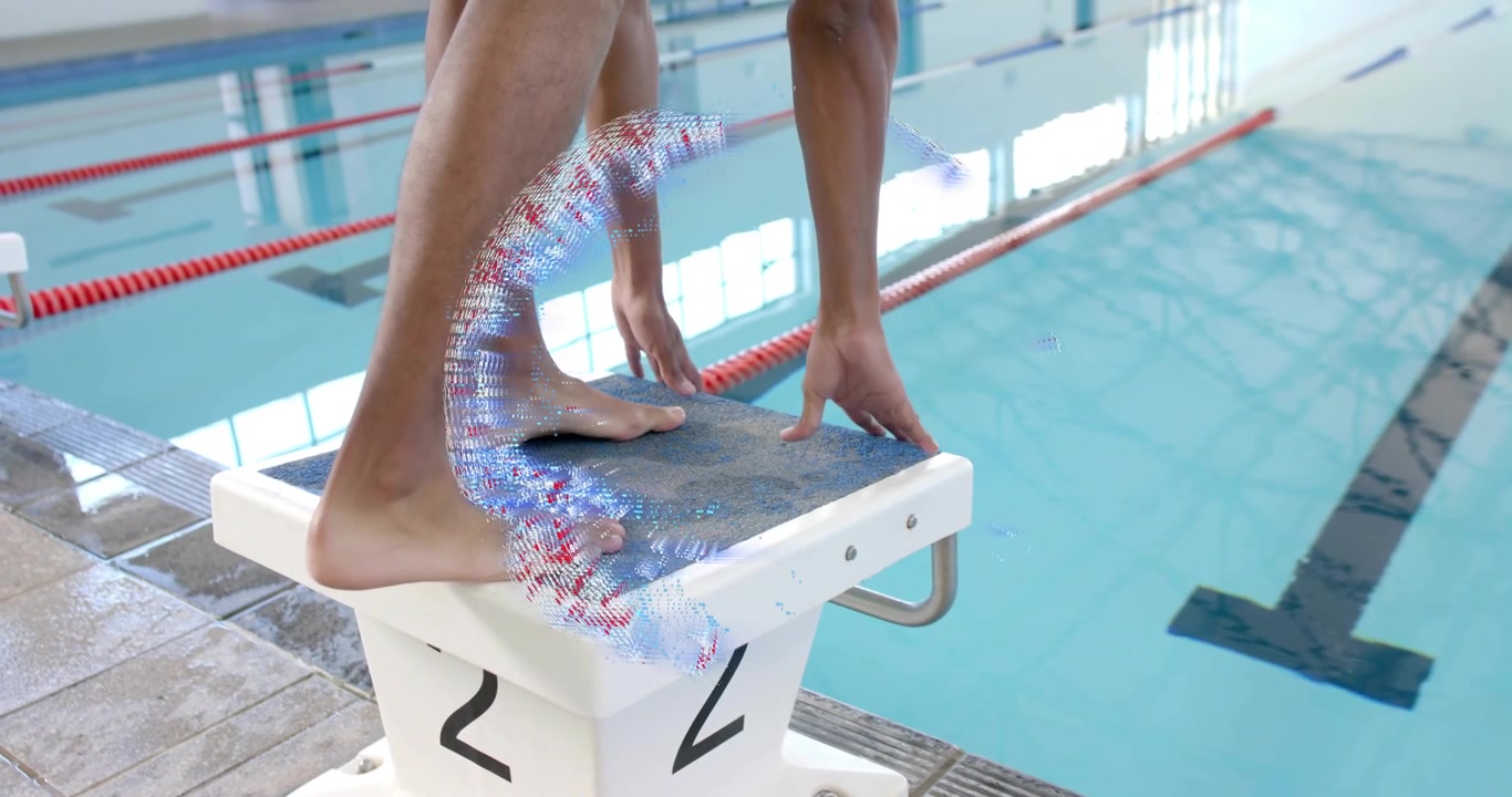 Male swimmer stepping onto block 2 shifting into crouch with analytics overlay showing stroke data