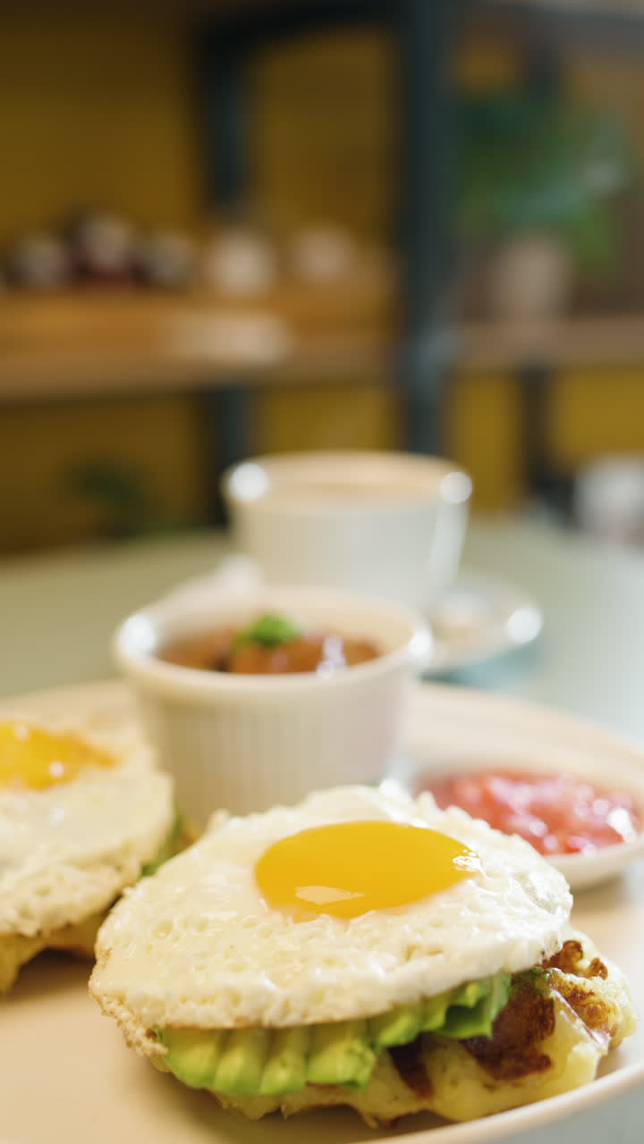 Close up of a mouthwatering breakfast consisting of fried eggs served on a base of waffles, accompanied by a small portion of garnish and sauce