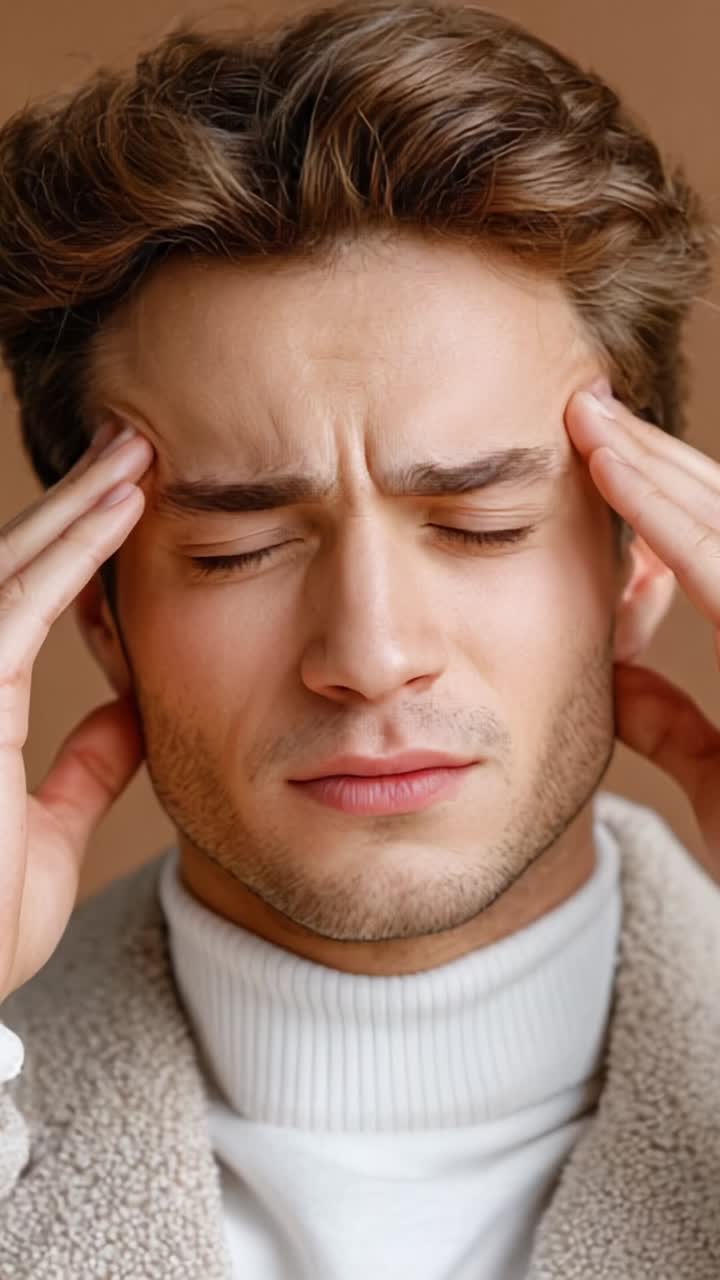 A man visibly experiencing discomfort as he rubs his temples, suggesting he may be dealing with stress or headache, captured in a close-up shot with a neutral background