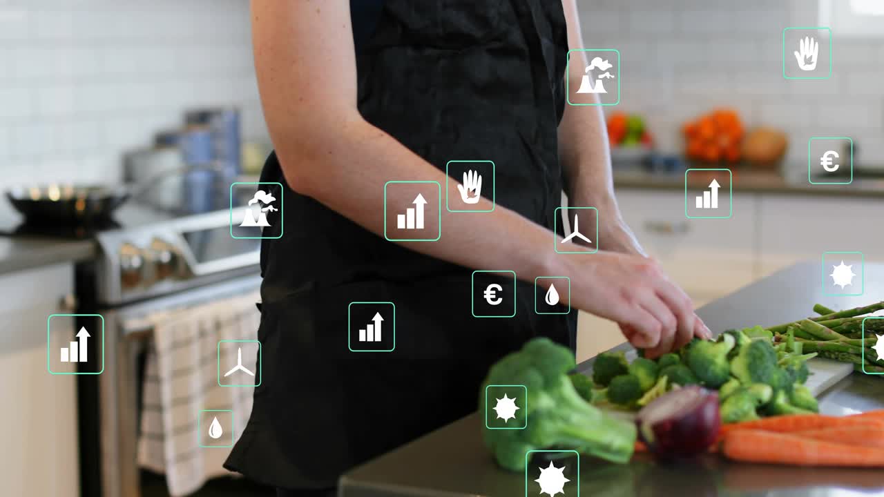 Home cook chopping broccoli initiating floating icons showing sustainable cooking data over produce
