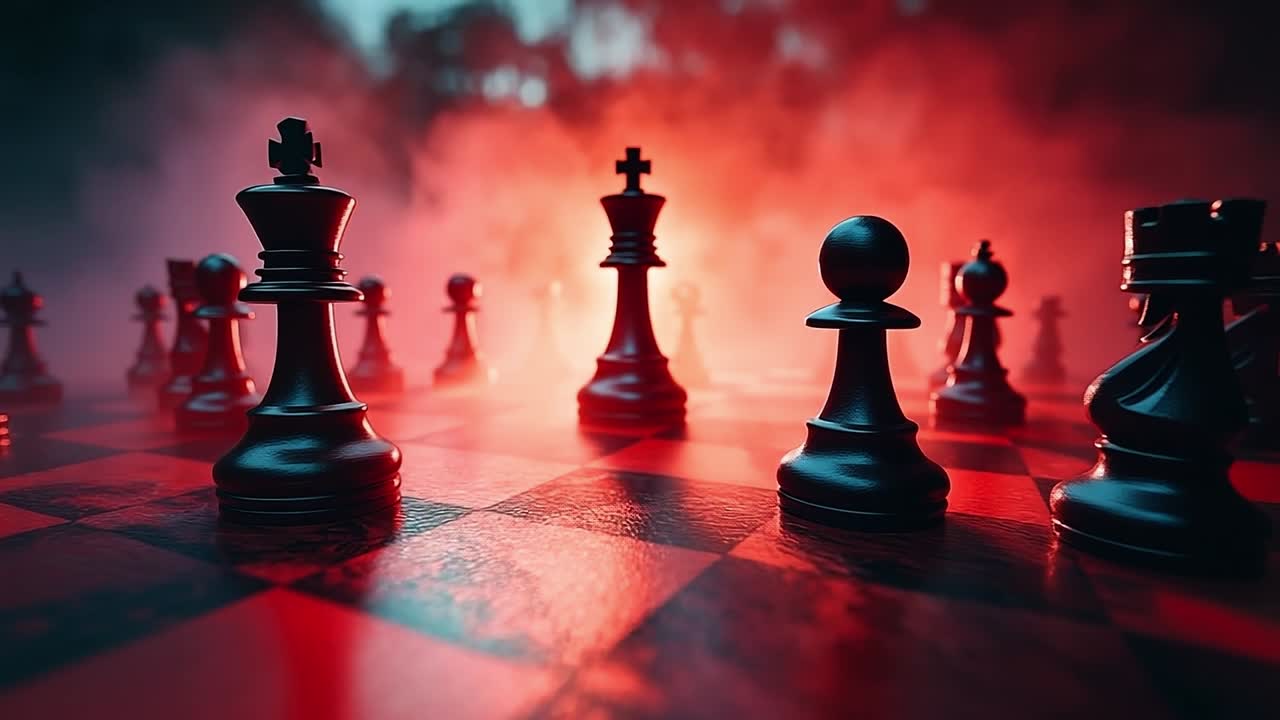 Chess pieces on a dramatic red backdrop. Dark chess pieces stand on a checkered board, illuminated by a mysterious red light, creating an intense atmosphere.