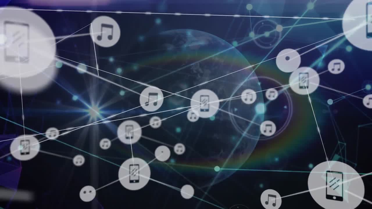 무지개 렌즈 플레어와 회전하는 지구에 대한 연결 네트워크와 디지털 아이콘의 애니메이션