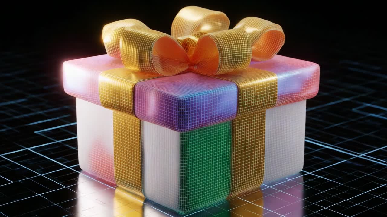 A Vibrantly Wrapped Gift Box Displayed from Different Angles, Showcasing Its Colorful Design, Intricate Bow, and Unique Textures, Set Against a Grid Background