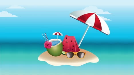 hello summer holiday poster with coconut cocktail and umbrella